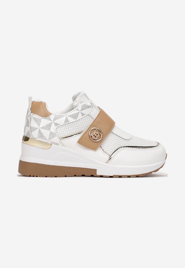 Born2be - Biało-Beżowe Sneakersy na Niskim Koturnie Na Rzep Lorinit. Nosek buta: okrągły. Zapięcie: rzepy. Kolor: biały. Szerokość cholewki: normalna. Wzór: aplikacja. Obcas: na koturnie