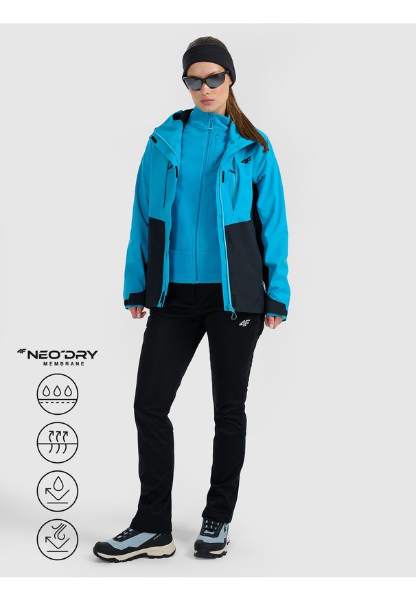 4f - 4F Kurtka trekkingowa membrana 10000 damska - niebieska S. Kolor: niebieski. Materiał: tkanina, materiał. Długość rękawa: raglanowy rękaw. Technologia: Primaloft. Sezon: zima. Sport: wspinaczka, turystyka piesza