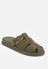 Renee - Zielone Klapki z Zakrytym Noskiem i Ozdobnymi Paskami z Klamerką Themine. Kolor: zielony. Materiał: nubuk, koronka. Sezon: lato #5