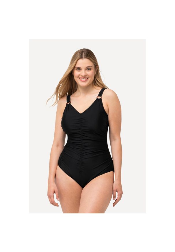 ULLA POPKEN - Damski Kostium kąpielowy kaktusy miękkie miseczki ozdobne kółka. Kolekcja: plus size. Kolor: czarny. Materiał: poliamid, materiał, elastan