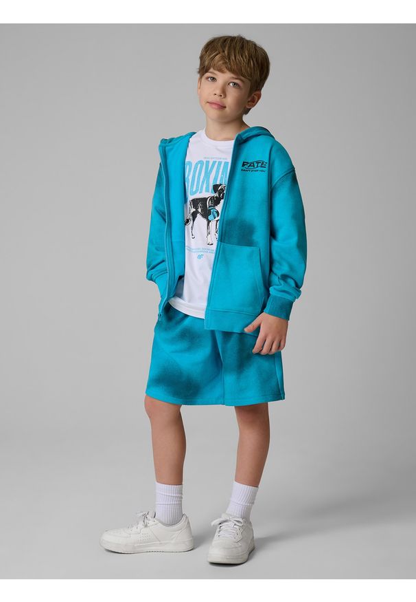 4f - 4F Bluza dresowa loose z kapturem chłopięca - niebieska 134/140 (8-10 lat). Okazja: na co dzień, na uczelnię. Typ kołnierza: kaptur. Kolor: niebieski. Materiał: dresówka. Wzór: nadruk. Sezon: lato. Styl: casual