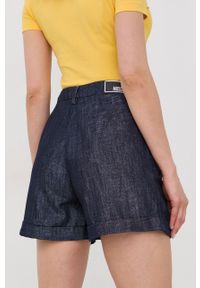 Love Moschino szorty damskie kolor granatowy gładkie high waist. Stan: podwyższony. Kolor: niebieski. Materiał: tkanina. Wzór: gładki