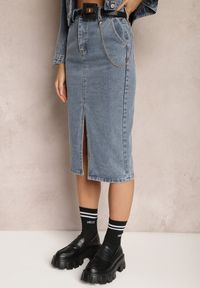 Renee - Niebieska Ołówkowa Spódnica Jeansowa z Rozcięciem i Paskiem z Saszetką Misitra. Kolor: niebieski. Materiał: jeans #3