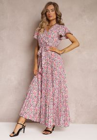 Renee - Jasnofioletowa Plisowana Sukienka Maxi w Kwiatki z Gumką w Talii Ikama. Kolor: fioletowy. Materiał: materiał. Wzór: kwiaty. Długość: maxi #5