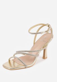 Born2be - Złote Eleganckie Sandały na Szpilce Ozdobione Cyrkoniowymi Paskami Vikiaele. Zapięcie: pasek. Kolor: złoty. Wzór: aplikacja. Obcas: na szpilce. Styl: elegancki #5