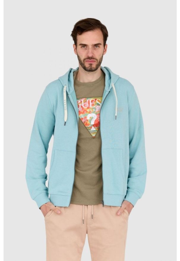 Guess - GUESS Turkusowa męska bluza rozpinana slim fit, Rozmiar XXL. Typ kołnierza: kaptur. Kolor: niebieski