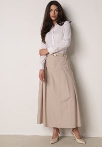 Born2be - Beżowa Wiskozowa Spódnica o Rozkloszowanym Kroju z Plisami i Paskiem Rolea. Okazja: na co dzień. Kolor: beżowy. Materiał: wiskoza. Styl: casual, elegancki, klasyczny #7