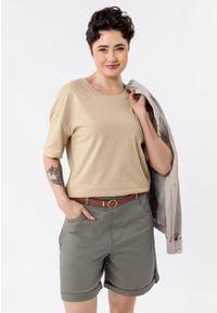 Volcano - Gładki t-shirt, Comfort Fit, T-RODOS. Kolor: beżowy. Materiał: bawełna, skóra, materiał. Długość: długie. Wzór: gładki #1