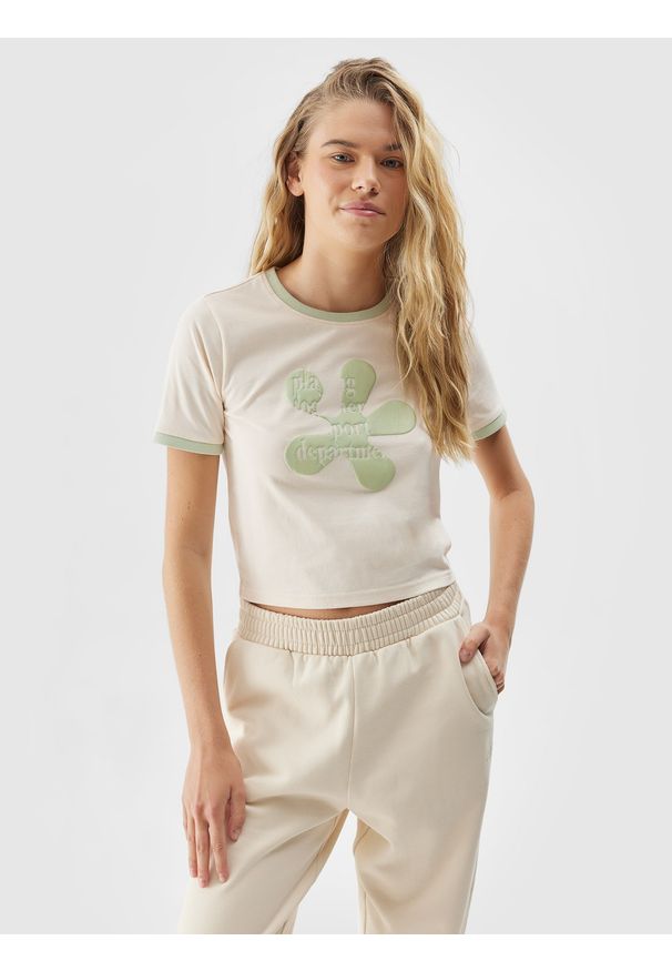 4f - T-shirt z bawełny organicznej damski. Kolor: zielony. Materiał: bawełna. Wzór: nadruk