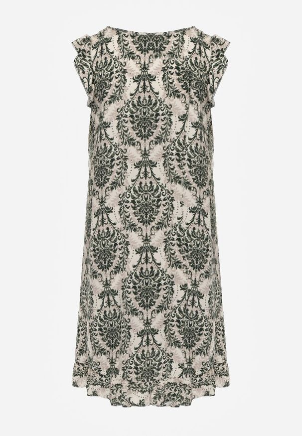 Renee - Zielono-Beżowa Boho Sukienka z Bawełny na Ramiączkach Ozdobiona Falbanką Testalaya. Okazja: na spacer, na co dzień. Typ kołnierza: dekolt w serek. Kolor: zielony. Materiał: bawełna. Długość rękawa: na ramiączkach. Wzór: aplikacja. Sezon: lato. Styl: boho