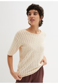 bonprix - Shirt dzianinowy ażurowy z domieszką lnu, rękawy 1/2. Kolor: beżowy. Materiał: len, dzianina. Wzór: ażurowy