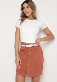 Born2be - Jasnobrązowa Trapezowa Spódnica z Bawełny z Guzikami Ralamea. Okazja: na co dzień. Kolor: brązowy. Materiał: bawełna. Styl: klasyczny, casual #6