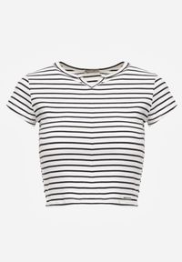 Born2be - Biały Bawełniany Krótki Prążkowany Top w Paski z Wycięciem przy Dekolcie Isereia. Okazja: na co dzień. Kolor: biały. Materiał: bawełna, prążkowany. Długość: krótkie. Wzór: paski. Styl: casual #4