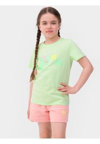 4f - T-shirt z nadrukiem dziewczęcy. Kolor: zielony. Materiał: bawełna. Wzór: nadruk