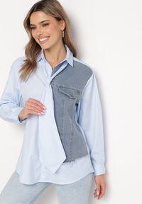 Born2be - Niebieska Koszula z Krawatem i Jeansową Wstawką Eirisema. Kolor: niebieski. Materiał: jeans