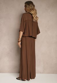 Renee - Brązowy Komplet z Wiskozy o Kroju Oversize Koszula i Spodnie Dovaraella. Kolor: brązowy. Materiał: wiskoza