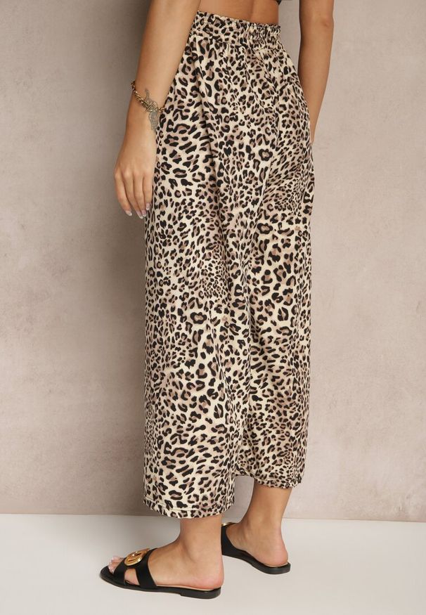 Renee - Czarno-Beżowe Spodnie Wide Leg z Gumką w Talii w Panterkowy Wzór Filanira. Okazja: na co dzień. Kolor: czarny. Styl: elegancki, casual