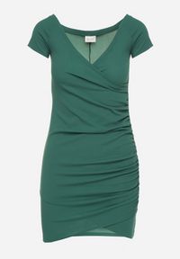 Born2be - Zielona Dopasowana Sukienka z Kopertowym Dekoltem Sopanna. Okazja: na co dzień. Typ kołnierza: dekolt kopertowy. Kolor: zielony. Materiał: jeans. Typ sukienki: kopertowe. Styl: casual, elegancki #3
