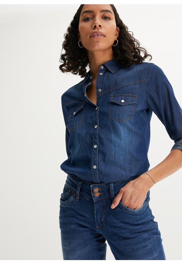 bonprix - Koszula dżinsowa. Okazja: na co dzień. Kolor: niebieski. Styl: casual
