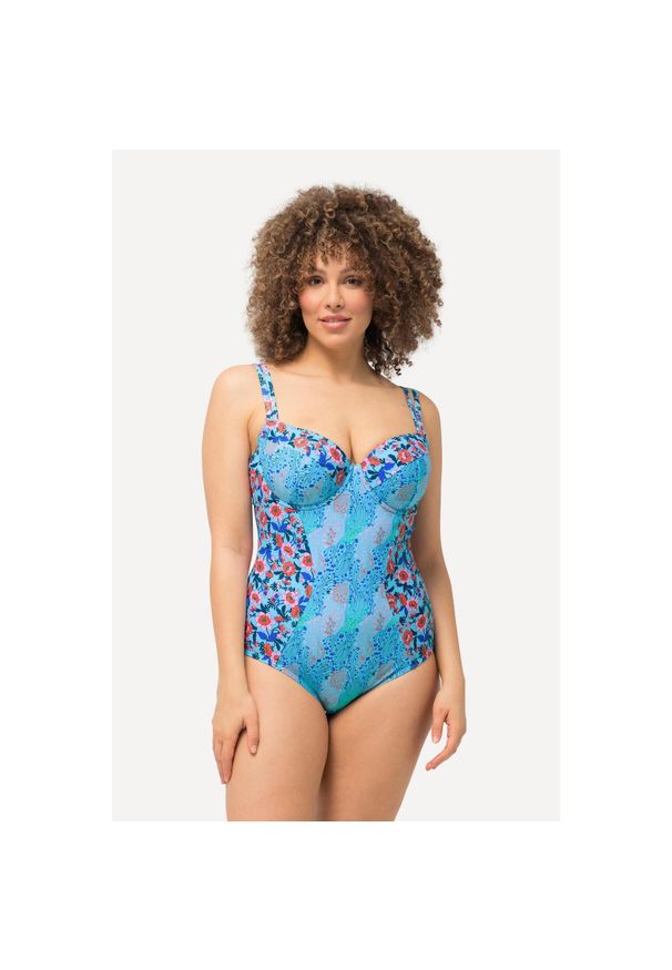 ULLA POPKEN - Damski Strój kąpielowy miękkie miseczki fiszbiny regulowane ramiączka. Kolekcja: plus size. Kolor: niebieski. Materiał: elastan, poliamid, materiał