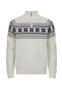 Ochnik - Kremowy sweter męski we wzór norweski. Typ kołnierza: kołnierzyk stójkowy. Kolor: biały. Materiał: bawełna