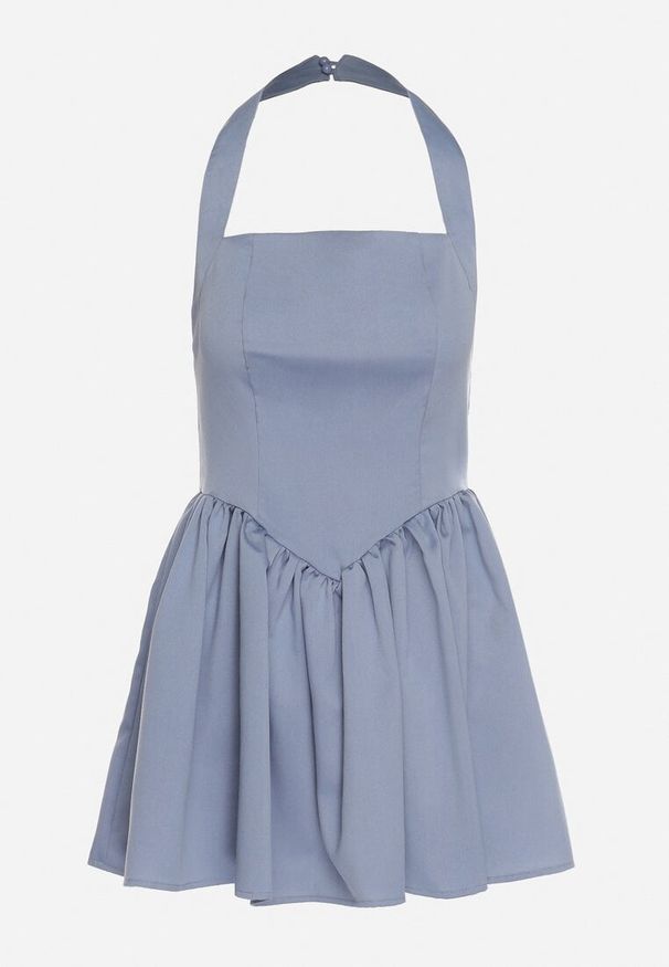 Born2be - Niebieska Rozkloszowana Sukienka Vices z Paskiem na Szyję Nelimira. Okazja: na co dzień. Kolor: niebieski. Wzór: aplikacja. Styl: casual, elegancki