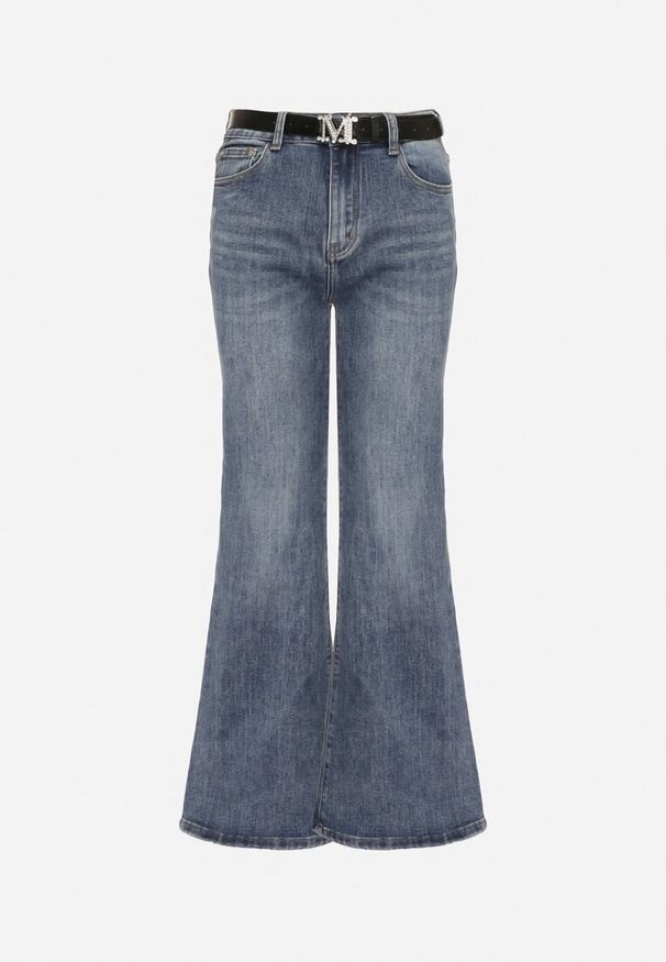 Born2be - Niebieskie Jeansy Dzwony z Dodatkowym Paskiem z Cyrkoniową Klamrą Mileti. Kolor: niebieski. Styl: retro, elegancki
