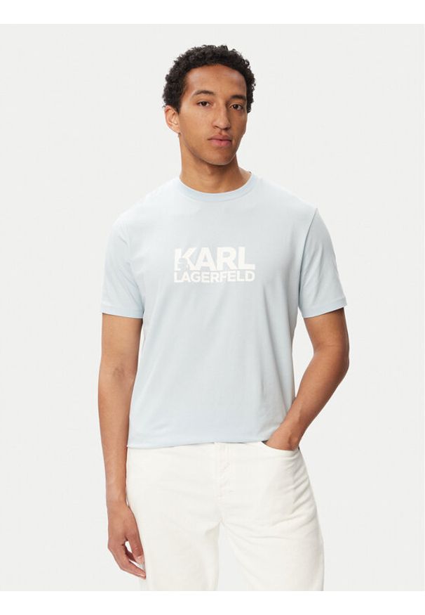 Karl Lagerfeld - KARL LAGERFELD T-Shirt 755780 563235 Niebieski jasny Regular Fit. Typ kołnierza: dekolt w karo. Kolor: niebieski. Materiał: bawełna