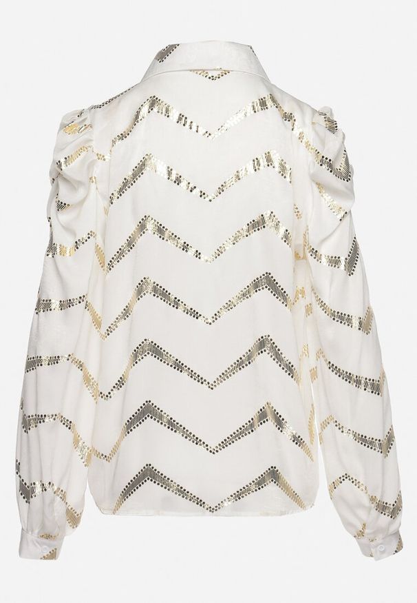 Born2be - Biała Koszula z Bufiastymi Rękawami z Metalicznym Nadrukiem Arcisa. Kolor: biały. Wzór: nadruk