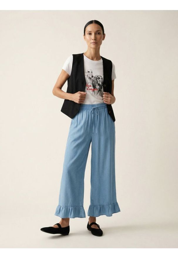 Sinsay - Spodnie z falbankami i kieszeniami z lyocellu - niebieski. Kolor: niebieski