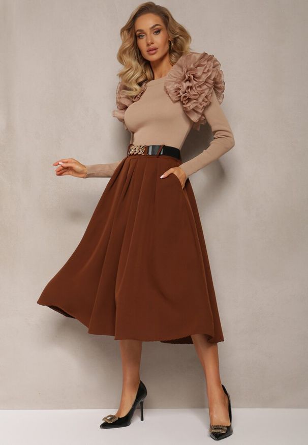 Renee - Brązowa Spódnica Rozkloszowana z Paskiem Tenga. Kolor: brązowy