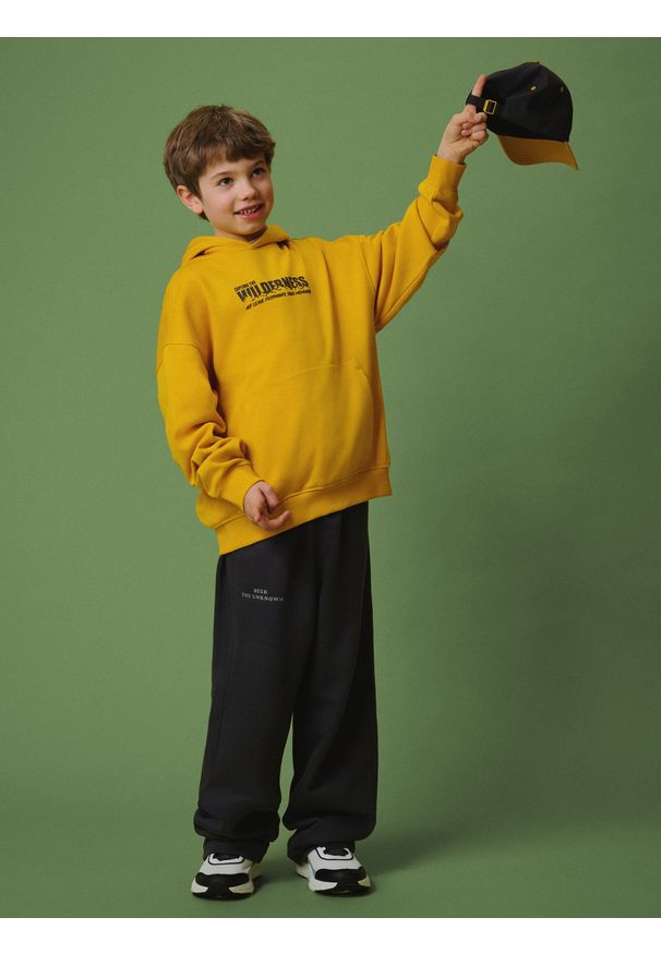 4f - 4F Bluza dresowa loose z kapturem chłopięca - żółta 122/128 (6-8 lat). Okazja: na spacer, na co dzień, na uczelnię. Typ kołnierza: kaptur. Kolor: żółty. Materiał: dresówka. Długość: długie. Sezon: lato. Styl: casual