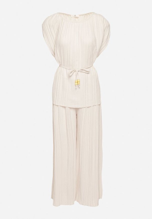 Born2be - Beżowy Komplet Bluzka z Wiązanym Paskiem i Szerokie Spodnie Dolarea. Kolor: beżowy. Wzór: aplikacja