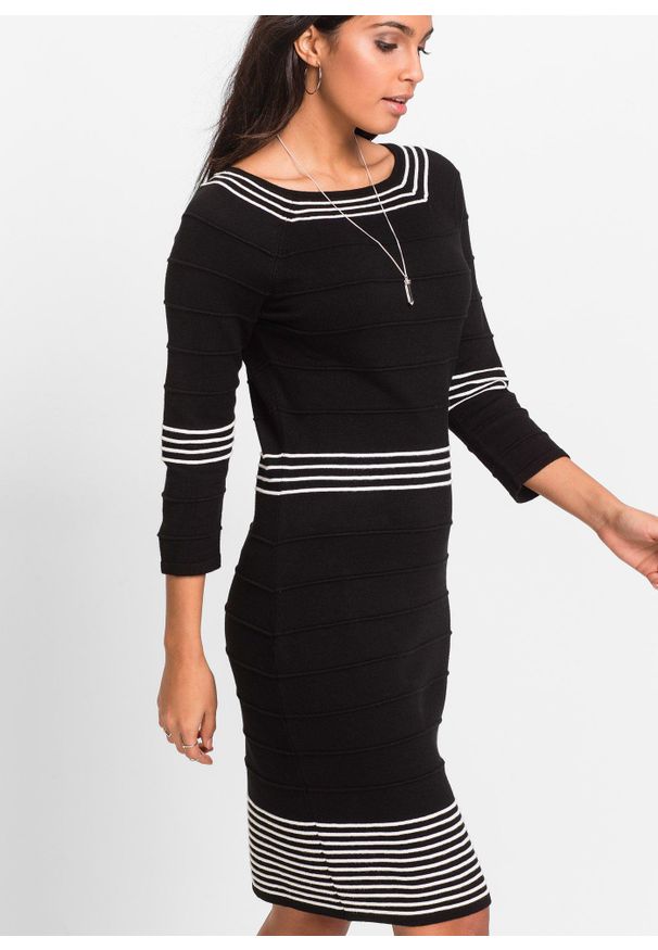 bonprix - Sukienka dzianinowa z miękkiej mieszanki wiskozy. Typ kołnierza: typu carmen. Kolor: czarny. Materiał: dzianina, wiskoza. Wzór: paski