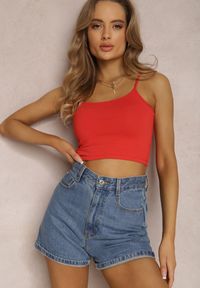 Renee - Czerwony Top Rhodamene. Kolor: czerwony. Materiał: jeans, bawełna, materiał. Długość rękawa: na ramiączkach. Długość: krótkie. Wzór: gładki