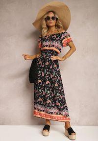 Renee - Czarno-Pomarańczowa Letnia Sukienka z Bawełny o Fasonie Hiszpanki z Gumką w Pasie i Wzorem Paisley Delsina. Okazja: na imprezę. Typ kołnierza: dekolt hiszpanka. Kolor: czarny. Materiał: bawełna. Długość rękawa: krótki rękaw. Wzór: paisley. Sezon: lato. Styl: boho #3