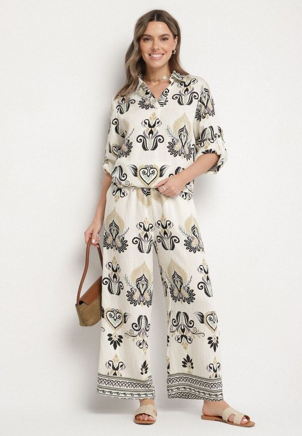 Born2be - Beżowo-Czarny Komplet z Wiskozą Bluzka i Szerokie Spodnie Rinelissa. Kolor: beżowy. Materiał: wiskoza