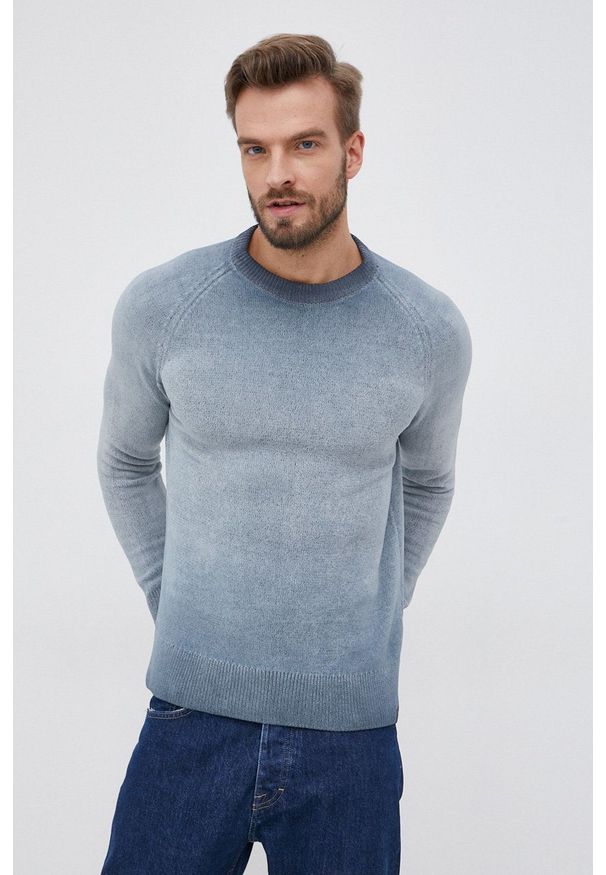 Marc O'Polo Sweter bawełniany męski. Okazja: na co dzień. Typ kołnierza: polo. Kolor: niebieski. Materiał: bawełna. Długość rękawa: raglanowy rękaw. Styl: casual