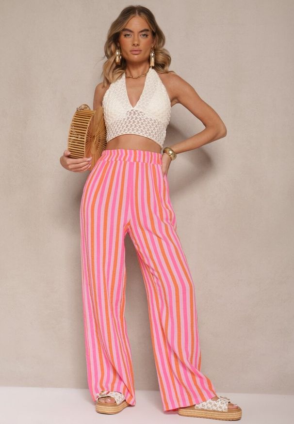 Renee - Pomarańczowe Bawełniane Muślinowe Spodnie Szerokie High Waist w Paski Mavirise. Okazja: na co dzień, na spacer. Stan: podwyższony. Kolor: pomarańczowy. Materiał: bawełna. Wzór: paski. Styl: casual, boho