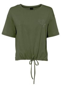 Shirt z ozdobnymi sztrasami bonprix ciemny khaki. Kolor: zielony. Materiał: materiał. Wzór: aplikacja #1