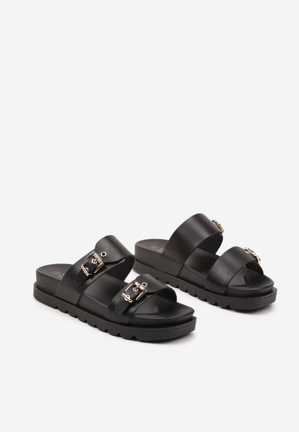 Renee - Czarne Klapki z Dwoma Paskami na Sprzączki Milanne. Okazja: na co dzień, na plażę. Kolor: czarny. Sezon: lato. Obcas: na płaskiej podeszwie. Styl: boho, elegancki, casual