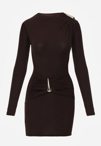 Renee - Brązowa Elegancka Sukienka Bodycon Zdobiona Marszczeniem i Aplikacjami Paphypso. Okazja: na imprezę. Kolor: brązowy. Materiał: materiał. Wzór: aplikacja. Typ sukienki: bodycon. Styl: elegancki #3