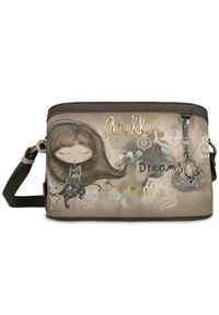 Szara Stylowa Listonoszka Damska Anekke Trzy Komory. Kolor: szary. Wzór: napisy. Dodatki: z breloczkiem. Styl: elegancki. Rodzaj torebki: na ramię #1