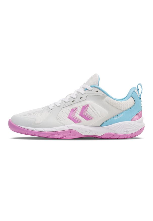 Buty halowe Hummel Speed Court. Zapięcie: sznurówki. Kolor: biały, wielokolorowy, różowy, fioletowy. Materiał: materiał, syntetyk, tkanina. Szerokość cholewki: normalna. Sport: turystyka piesza