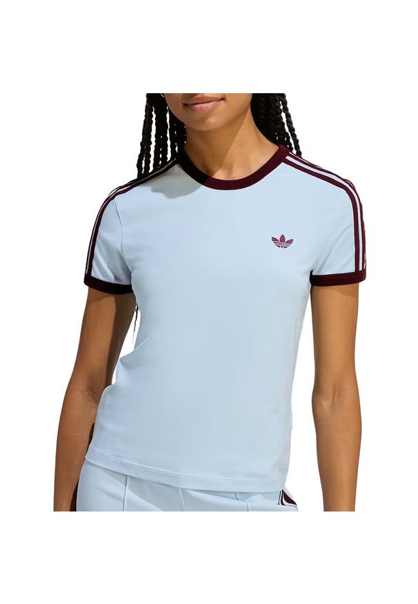 Adidas - Koszulka damska adidas Originals 3-Stripes Slim KD3684 - niebieska. Kolor: niebieski. Materiał: skóra, materiał, bawełna, elastan. Wzór: paski, aplikacja