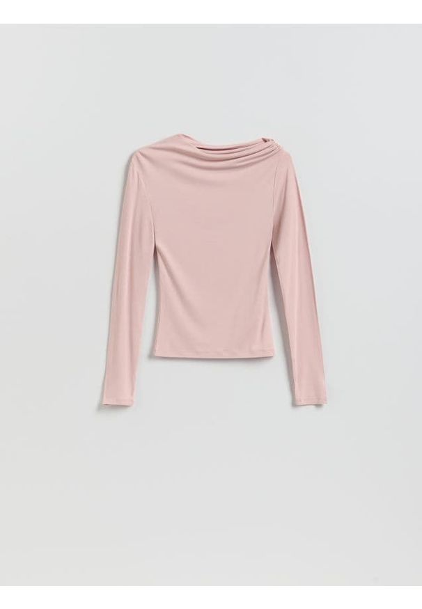 Reserved - Bluzka z ozdobnym marszczeniem - pastelowy róż. Kolor: różowy. Materiał: dzianina, wiskoza. Wzór: gładki
