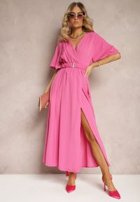 Renee - Różowa Kopertowa Sukienka z Gumką w Talii i Paskiem Amperi. Typ kołnierza: dekolt w kształcie V. Kolor: różowy. Typ sukienki: kopertowe. Styl: elegancki
