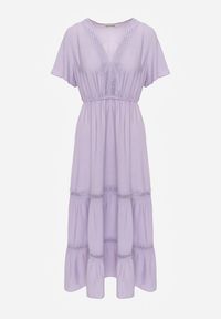 Renee - Fioletowa Rozkloszowana Sukienka Maxi z Gumką w Talii i Koronkowym Dekoltem Cheteia. Kolor: fioletowy. Materiał: koronka. Sezon: wiosna, lato. Długość: maxi #4