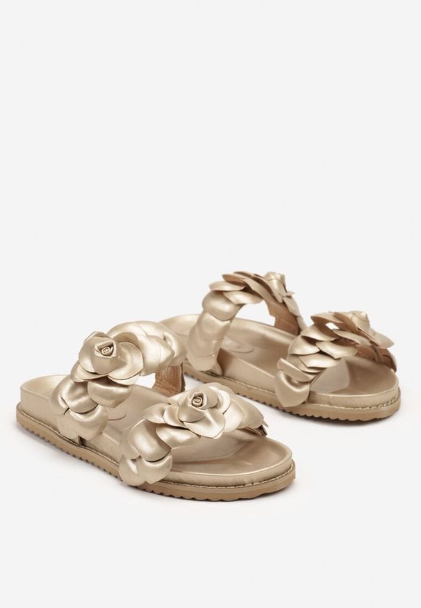 Born2be - Złote Płaskie Klapki Ozdobione Kwiatowm Motywem Dandrea. Okazja: na co dzień, na plażę. Nosek buta: okrągły. Kolor: złoty. Wzór: aplikacja. Materiał: len. Sezon: lato. Obcas: na obcasie, na płaskiej podeszwie. Styl: casual. Wysokość obcasa: niski