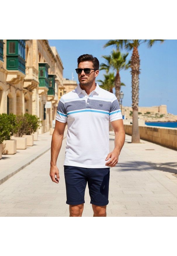 Męska Koszulka Polo - Pako Jeans - Biała, Pasy. Okazja: na co dzień. Typ kołnierza: polo. Kolor: biały. Materiał: bawełna. Wzór: prążki, paski. Styl: casual